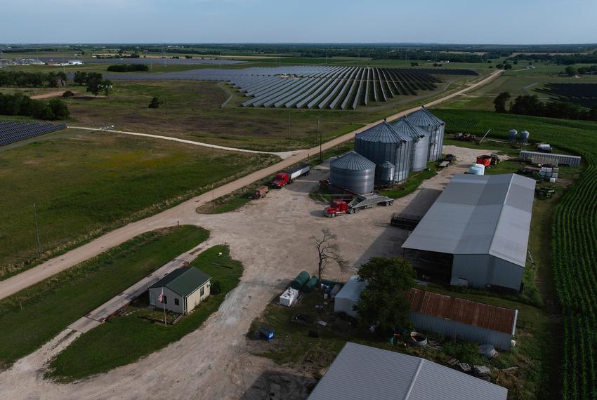 A drone view of the Big Elm solar project bordering Robert Fleming’s land, right, on Tuesday, May 13, 2025, in Troy.